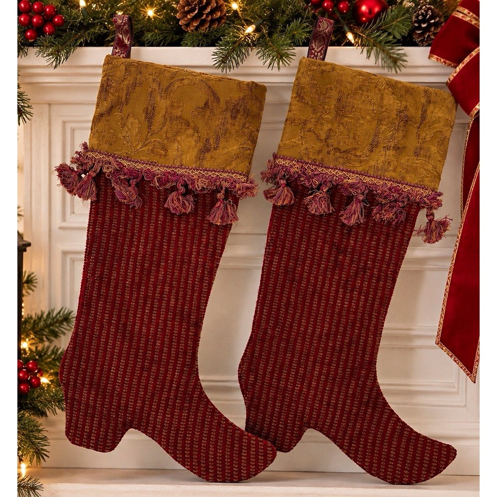 Set of 2 Burgundy Gold Boot Christmas Stockings Tassel Fringe Victorian Western